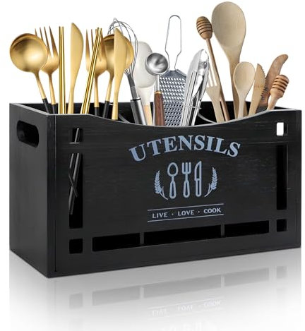 Soporte Utensilios Cocina Bambú, Escurridor Cubiertos de Cocina con 3 Compartimentos, Porta Utensilios de Cocina Portacubiertos Organizador Bote Utensilios Cocina para Decoración de Encimera (Negro)