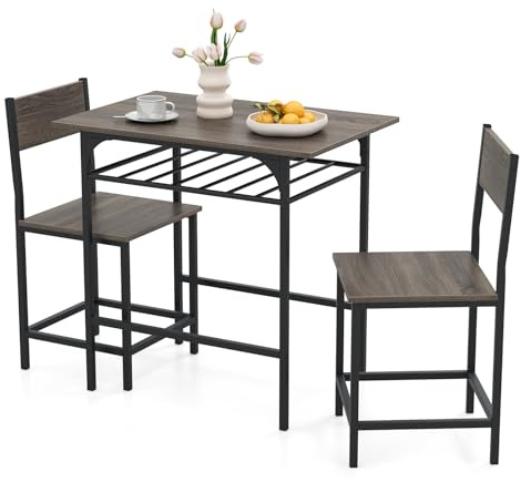 COSTWAY 3 Piece Dining Table Set, Breakfast Bar Table Set with 2 Chairs and Storage Rack, Space Saving Counter Dining Table and Chairs for Home Kitchen Cafe Pub (Grey)