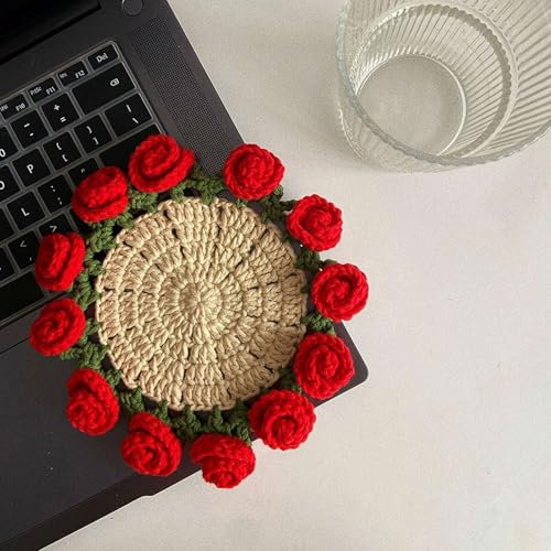 Crochet Coaster of Flowers, DIY Handmade Rose Coaster, Flower Bouquet Coaster, Crocheted Roses Blankets, Romantic Flower bouquets crocheat for Mother's Day Birthday Home Decor