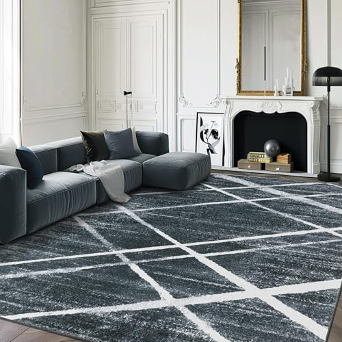 OMERAI Extra großer waschbarer Teppich 200×290 cm, Dunkelgrau Unregelmäßige Linien Design Kurzflor, Antirutsch Teppich für Wohnzimmer Schlafzimmer Küche, Oeko‑TEX Zertifiziert