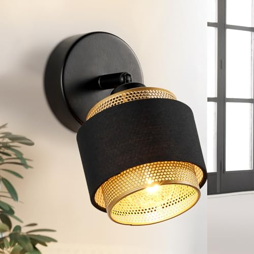 HARPER LIVING Black & Gold Wall Light, Modern Wall Lamp Indoor E14 Socket, 90°+350° Rotatable, Metal Mesh & Fabric Shade, Adjustable Wall Sconce Lights for Living Room, Bedroom, Hallway
