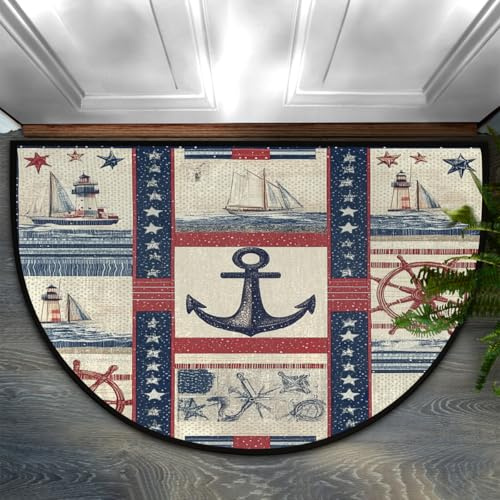 Mexpekil Half Moon Door Mats Indoor, Nautical Motifs Anchor Boat Washable Anti Slip Floor Rug, Home Decor Outdoor Mat for Inside, Entrance, Front Back Door, Garden