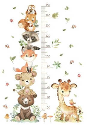 Messlatte Kinder, Kinderzimmer Deko Wandtattoo, Giraffe Höhenmesser, Abnehmbarer Diy Wandsticker, Süße Cartoon Tiere Wald, Wandaufkleber für Jungen und Mädchen, Größenmesser 50-150cm