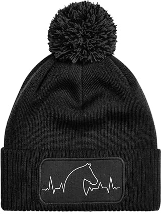 NIMAMA Mütze Beanie Heartbeat Pferd Strick Bommel Wintermütze Statement Lustiger Spruch Unisex Strickmütze für Herren & Damen