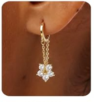 MUMREUES Gold Earrings for Women Flower Dangly Earrings Drop Chain Jewelry | Hypoallergenic Dangle Earrings for Sensitive Ears,Waterproof Cubic Zirconia Huggie Earrings Trendy,Sleeper Hoop Jewellery