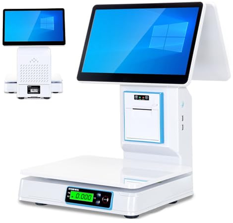 LADECNERHT Kassensystem Mit Integrierter Waage, Kasse Mit Windows, 15,6-Zoll-Touchscreen (Kapazitiv), Kassenterminal Für Einzelhandel Und Gastronomie, 8 GB RAM, 128 GB SSD, 58-Mm-Drucker Dualscreen