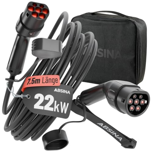 ABSINA Typ 2 Ladekabel 22kW 32A 7,5 Meter 3-phasig Mode 3 für E-Auto | 22kW Ladekabel Auto für Elektroauto & Hybrid - Kompatibel mit Model 3, e-Up, ID.3, Zoe, EQ fortwo, Kona Elektro, ID.4 uvm