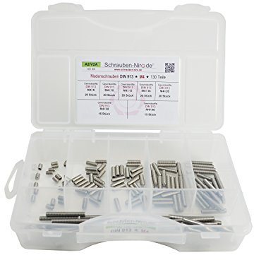 Sortiment/Set Edelstahl Madenschrauben DIN 913 - M4 - VA A2 V2A - Gewindestifte mit Kegelkuppe - 130 Teile