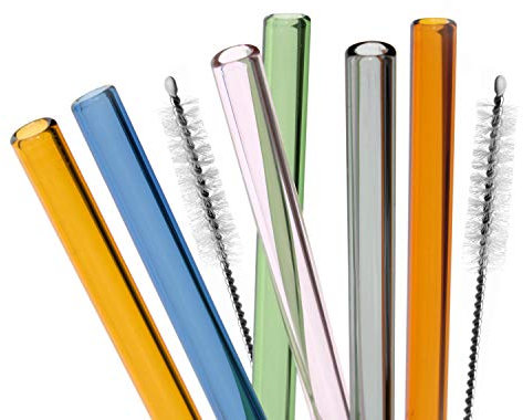 bremermann 6er Set Glas-Trinkhalme, Cocktail-Set, Verschiedene Längen, wiederverwendbar, transparent oder bunt, inklusive 2 Reinigungsbürsten (bunt, 15 cm)