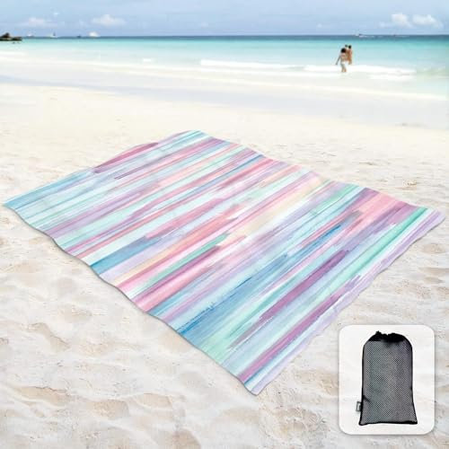 Sunlit Mandala Design Seidig weich sandfrei Stranddecke Sanddichte Matte mit Ecktaschen und Netztasche 270 x 205 cm für Beach Party, Reisen, Camping und Outdoor Music Festival, Pastellfarben