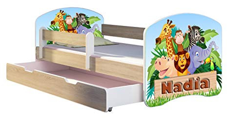 Kinderbett Jugendbett mit einer Schublade und Matratze Sonoma mit Rausfallschutz Lattenrost ACMA II 140x70 160x80 180x80 (02 Animals name, 180x80 + Bettkasten)