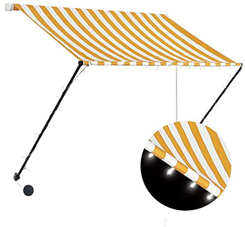 vidaXL Markise, Klemmmarkise mit LED Einziehbar, Sonnenschutz für Fenster Terrasse Balkon, Balkonmarkise Fallarmmarkise Fenstermarkise, 150×150cm Gelb Weiß