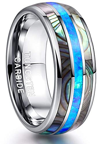 NUNCAD Herren/Damen Ringe mit Abalone Muschel und Opal aus Wolfram Breit 8mm Partner Ring Freundschaftsring Größe 52 (16.6)