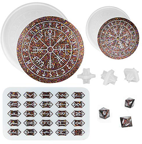 ResinWorld Runen-Set-Form, Wikinger-Wahrsagungsrunen, Harzform, große Wikinger-Runenkompass, Silikonform, Runen-Untersetzer, Tablett, Runen-DND-Würfelform