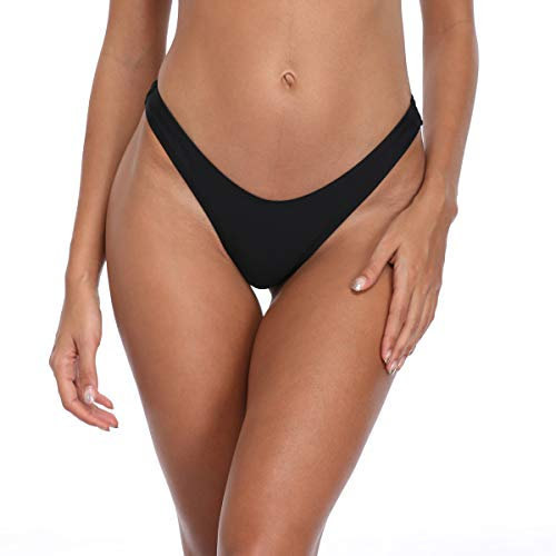 RELLECIGA Damen Bademode Bikinihose Unterteil High Cut Thong Bottom Schwarz L