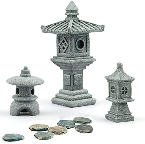 Sdeetesamjun Juego de decoración de jardín de hadas en miniatura, 3 linternas japonesas, 10 escalones de piedra mini decoración de hadas para jardín y patio, decoración de bonsái