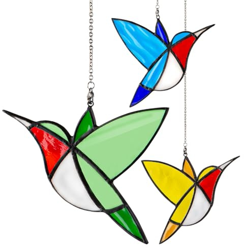 Buntglas-Sonnenfänger mit Kolibri-Motiv, handgefertigt, Tiffany-Stil, für Garten, 3 Farben in einer Box (dreifarbiger Anzug)