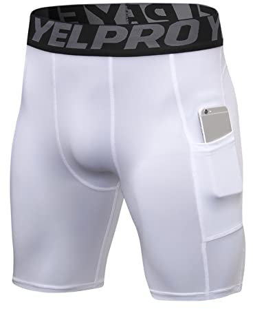 Yishengwan Herren Kompressionsshorts Tights Kurz Schnelltrocknendes Atmungsaktiv Sport Unterhosen Männer Leggings Kurz mit Handytasche Weiß M
