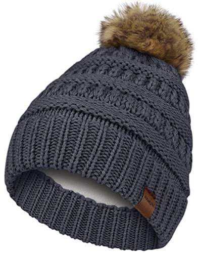 HAMUNI Mütze Damen,Winter Strickmütze Bommelmütze mit abnehmbarem Kunstpelzknäuel, Fleecegefütterte Modische Warm Verdickte Winter Mütze, Ideale Beanie Mütze für kälteren Monate
