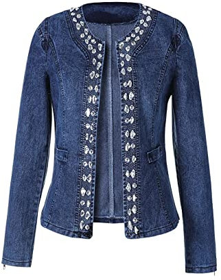 QIUFEN Jeansjacke Für Damen - Vintage Hellblau Perlen Pailletten Revers Denim Jacke Mantel, Reißverschluss Langarm Große Größe Kurze Denim Jacke Frühling Herbst,Damen Mit Tasche Slim Fit Harajuku Den