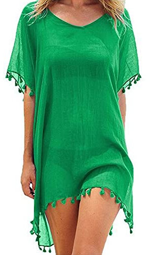 Edhomenn Women Chiffon Beachwear Tassel Bikini Cover Up Short Beach Dress Solid See-Through Swimsuit Summer Casual Swimwear (Green, One Size)