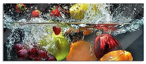 Pixxprint Glasbild Panorama, Wandbild aus Echtglas, Früchte fallen ins Wasser, 100x40 cm, inkl. Aufhängung und Abstandshalter