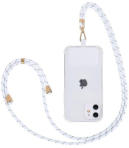 Fycyko Cordon Telephone Portable Cordon Tour de Cou Collier Laniere Réglable Sangle de Suspension Téléphone Portable Bandoulière avec Patch Compatible avec Tous Les des Smartphones - Blanc