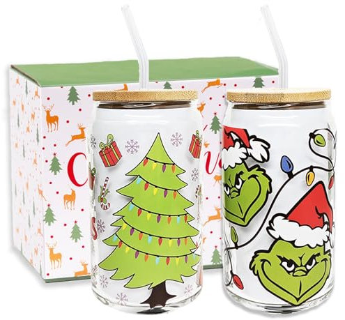 WODOHOLO Christmas Cups 16oz Christmas Coffee Can Glass with Lid and Straw Xmas Grin-ch Tree Tumbler Drinking Glasses Coffee Cups Cookie Jar Decor Glassware Water Bottles Gift for Women Kids Men