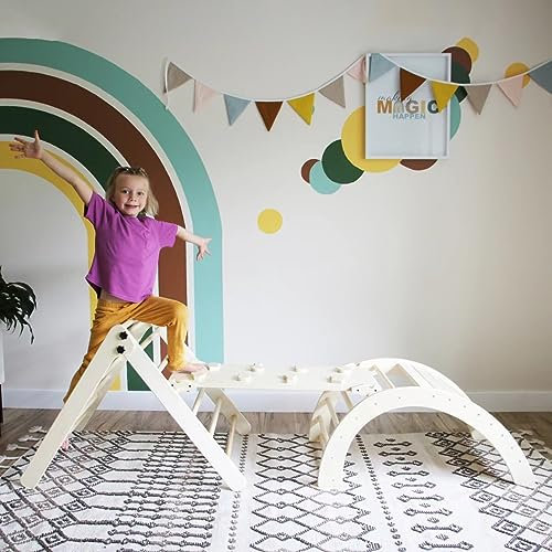 khlerox 7-in-1 Montessori Kletterdreieck Set mit Rutsche, Kletterbogen & weichem Kissen – Holz Klettergerüst für Babys & Kleinkinder ab 1–3 Jahre, Indoor Spielgerät, faltbar & sicher (Wood Color)