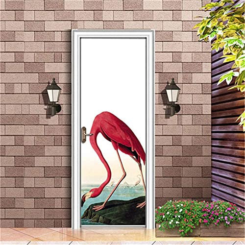 Stickers Porte Poster Flamant Rose Animal Rouge 100 X 215 Cm 3D Papier Peint Porte Trompe L'Oeil Pour Salon Chambre Décoration De La Maison Stickers Muraux Imperméable Stickers Amovibles - Photo De L