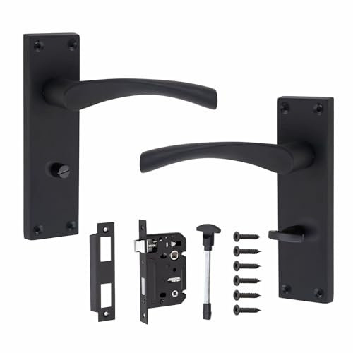 Golden Grace Victorian Scroll Astrid Door Handles Bathroom WC Toilet Complete in Matt Black with (GG) 64mm Bathroom Mortise Lock - 150mm x 40mm Backplate