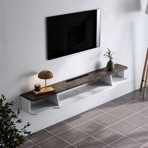 Warmiehomy Floating TV Unit Wall Mounted TV Unit with Router and Cable Holes Media Wall Units for Living Room (White & Dark Brown, 140cm)