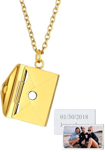 FindChic Edelstahl Umschlag Anhänger Damen öffenbares Liebesbrief Halskette 18k vergoldet Foto Medaillon zum Öffnen mit Textgravur Schmuck für Paar Tochter