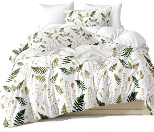 Green Botanical Bettbezug-Set, Queen-Size-Größe, Blumen-Bettwäsche, rosa Wildblumen, olivgrünes Blatt, Queen-Size-Bettwäsche, superweich, Bauernhaus-Landhaus-Bettbezug mit Eckbändern, Reißverschluss