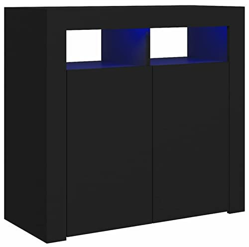 Gecheer Side Cabinet Sideboard with 2 Doors and 4 Shelves Living Room Storage Unit Cupboard with LED Lights Black 80x35x75 cm