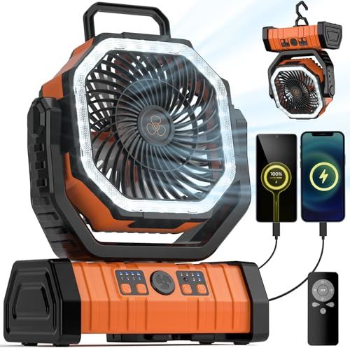 VOSFEEL Ventilatore da Campeggio 20000mAh, Ventilatore Portatile Ricaricabile con Luce LED e Telecomando, 4 Velocità Regolabili con Gancio 360° per Tenda, Viaggi