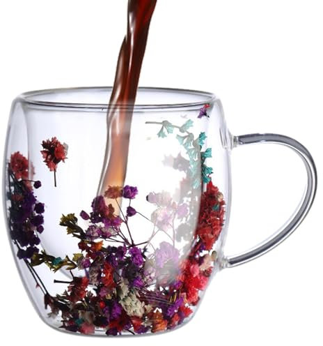 Dried Flowers Mug, Double Wall Glass Coffee Mugs Dried Flowers Inside Glass Mug Coffee Mug Clear Tea Mug Double Wall Glass Coffee Mug for Milk Espresso Lattes Coffee