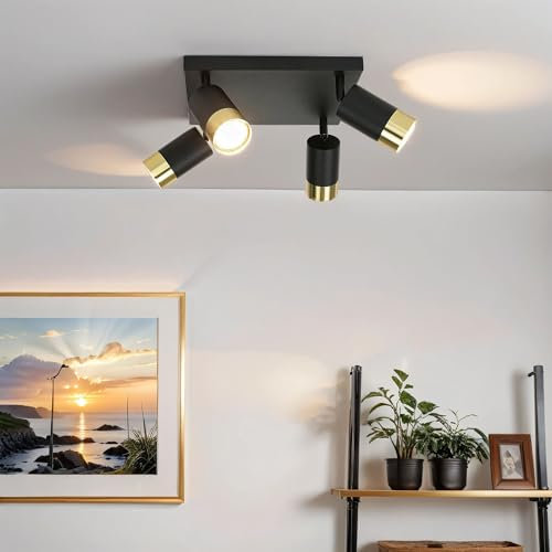 Licht-Erlebnisse Deckenstrahler 4 flammig, Deckenlampe Schwarz, Gold, Deckenleuchte GU10, flexibel, B:25 cm, zielgerichtet, Küche, Flur, Spot Lampe Decke