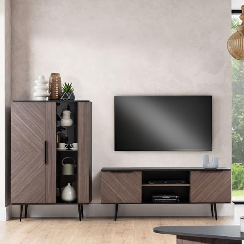 Wohnwand Wohnmöbel Set in Graphit mit braun 2-teilig | 1 Highboard, 1 Lowboard