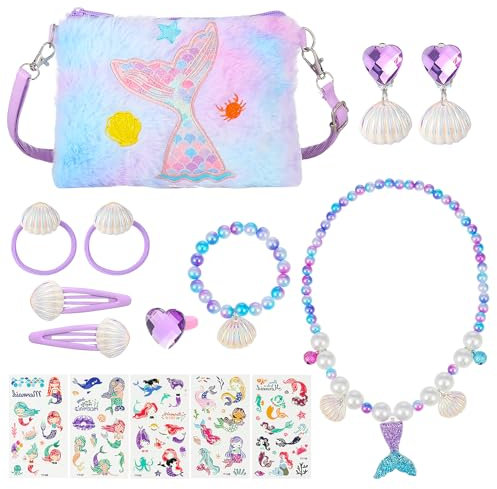 Lvefyti 15 Stück Meerjungfrau Spielzeug, Schmuckset Mädchen mit 5 Tattoo-Aufkleber, Flosse Meerjungfrau Kinder Halskette, Armband, Ring, Haarspange, Kleines, Haarseil, Schmuck Mädchen