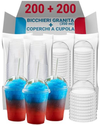 G.M. DISTRIBUZIONE 200 Bicchieri Granita in PP da 350ml + 200 Coperchi A Cupola in PS, Bicchieri e Coperchi Usa e Getta Trasparenti, Bicchiere Monouso Alta Qualità per Bar e Gelaterie.