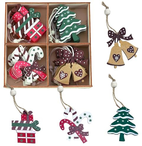 24Stk Weihnachtsbaumschmuck Holz, Weihnachtsdeko Hängende Christbaumschmuck Holz Candy Cane Baum Glocken Weihnachten Anhänger mit Aufhängeschnüren, Weihnachten Party Deko Zubehör