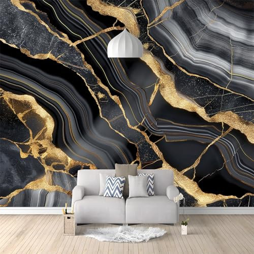 3D Mural Photo Wallpaper Marble Gold Texture, Black and Gold Backdrop Wall Classic Interior Decor Wallpaper 3D Panel Wall Living Room Hallway Wall Art 300 x 210 cm (W x H)