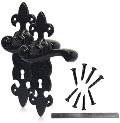 SCORPIO HARDWARE Cast Iron Door Handle with Lock Latch Fleur-De-LYS Black Antique Lever Door Rustic Handle 1 Pair with Fixings