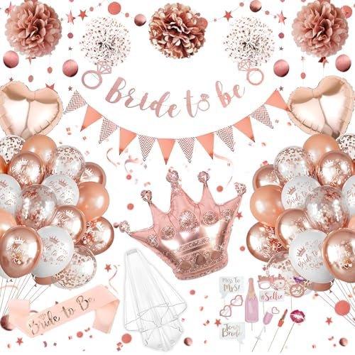 Junggesellenabschied Frauen Deko, Bride to Be Deko JGA Accessoires Deko Frauen Schleier Braut to Be Schärpe Banner, Rosegold Luftballons Herzform Folienballon Konfetti Ballons Set für JGA Party Deko