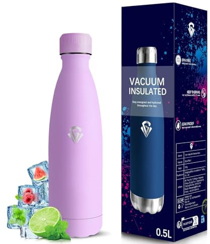 Grsta Gourde Isotherme, Gourde 500ml, Anti Fuite, Gourde Inox, 24h Froid & 12h Chaud, Gourde sans Bpa, Gourde Metal, Facile à Transporter, Bouteille Isotherme pour l'École, Bureau, Voyage, Camping