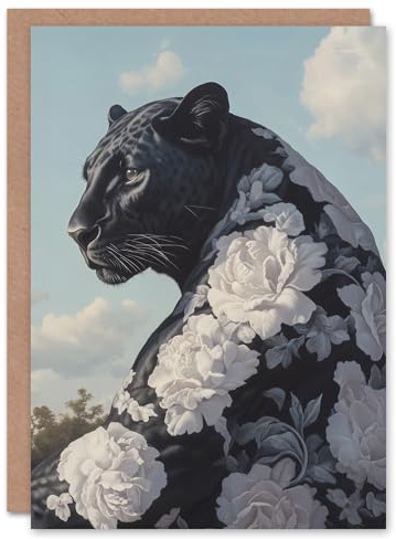 Artery8 Greeting Card Black Panther White Rose Flower Pattern Fur Coat For Her Woman Birthday Card
