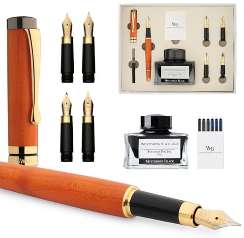 Wordsworth & Black Füllfederhalter-Geschenkset Holz, Bambus, 4 Federn | Füllfederhalter, Kalligrafie, Tintenfass + 6 Tintenpatronen, Konverter, Journaling, Geschenk für Männer & Frauen, Hochwertig