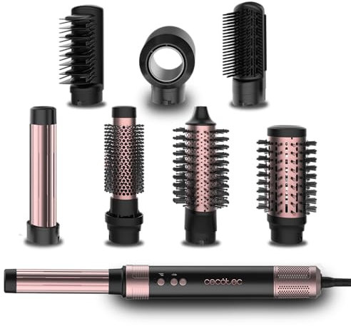 Cecotec Cepillo de Aire Voluminizador 8 Cabezales CeramicCare AirGlam Black Essential 1400W, Digital Brushless 110000rpm, Placas Ceramica, Tecnología Coanda, Iones Negativos, 3 Temperaturas