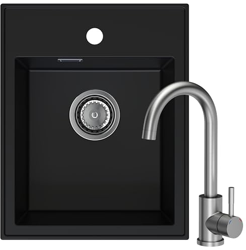 SINK QUALITY Spülbecken Schwarz mit Armatur 40x50 cm - Granitspüle Set mit Küchenarmatur, Siphon und Imprägnierung - Spüle ohne Abtropffläche für Unterschränke ab 40 cm Breite